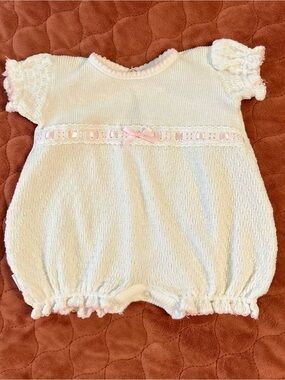 White Knit Baby Romper with Pink Ribbon Trim